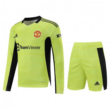 Manchester United 2021-22 Goalkeeper Green Long Sleeve Soccer Jerseys + Shorts Men's