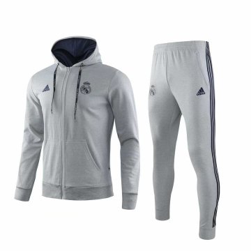 2019-20 Real Madrid Hoodie Light Grey Men's Football Training Suit(Jacket + Pants) [46912002]