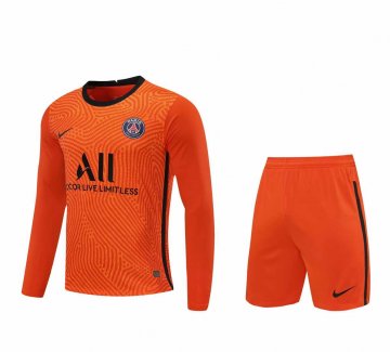2020-21 PSG Goalkeeper Orange Long Sleeve Men Football Jersey Shirts + Shorts Set