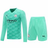 2020-21 Manchester City Goalkeeper Green Long Sleeve Men Football Jersey Shirts + Shorts Set