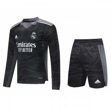 2021-22 Real Madrid Goalkeeper Black LS Football Jersey Shirts + Shorts Set Men's