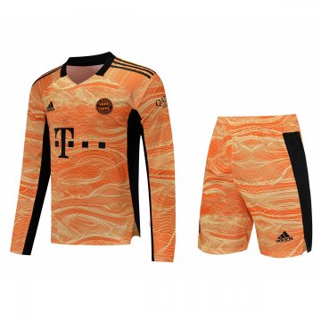 2021-22 Bayern Munich Goalkeeper Orange LS Football Jersey Shirts + Shorts Set Men's