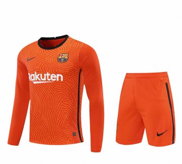 2020-21 Barcelona Goalkeeper Orange Long Sleeve Men Football Jersey Shirts + Shorts Set [2020127395]