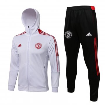 Manchester United 2021-22 Hoodie White Soccer Training Suit Jacket + Pants Men's