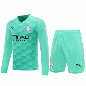 2020-21 Manchester City Goalkeeper Green Long Sleeve Men Football Jersey Shirts + Shorts Set