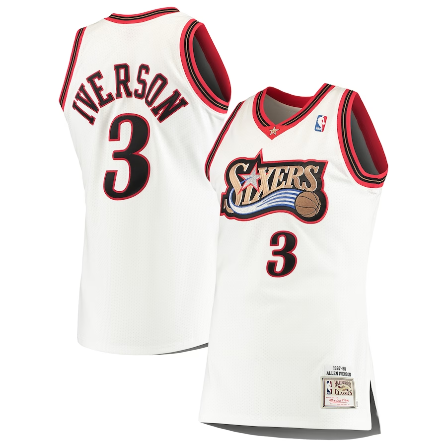 Philadelphia 76ers 1997-1998 Allen Iverson Mitchell & Ness White Jersey Hardwood Classics Men's (IVERSON #3)