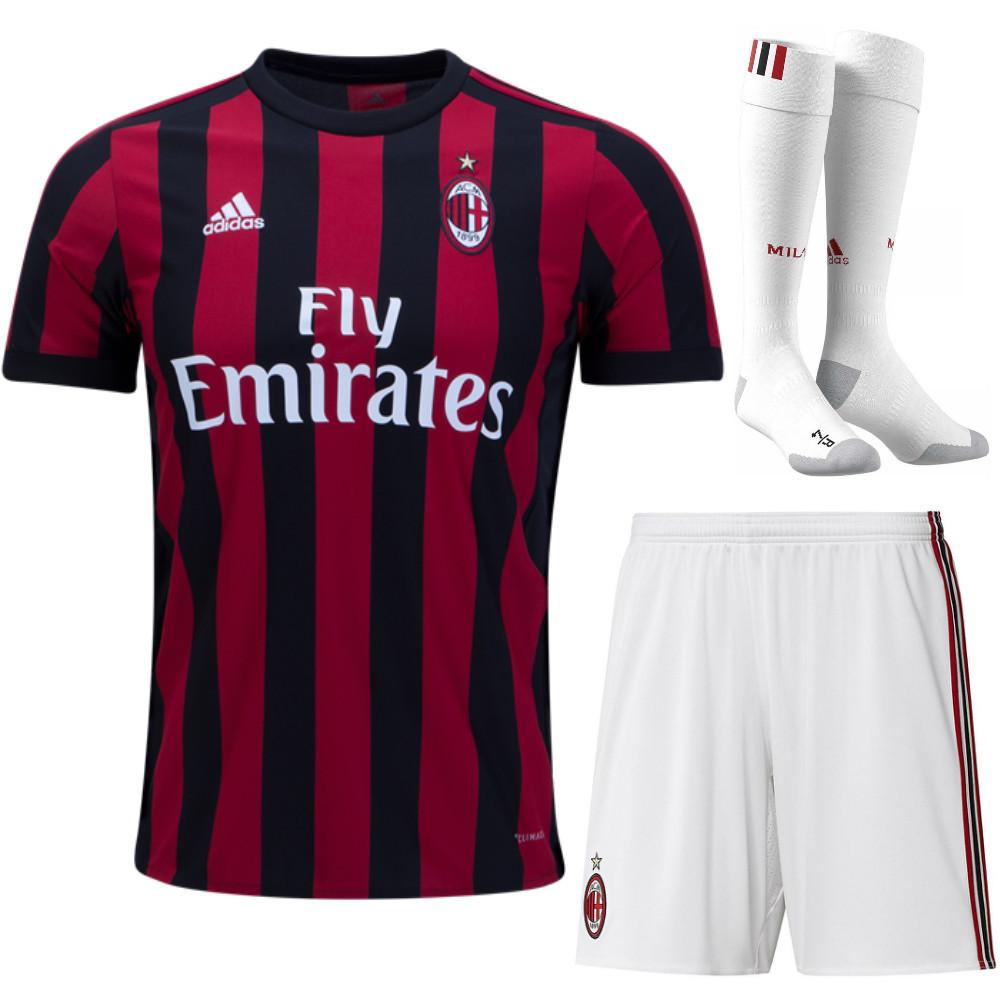 2017-18 AC Milan Home Red&Black Stripes Football Jersey Shirts Full Kit (Shirt+short+socks)